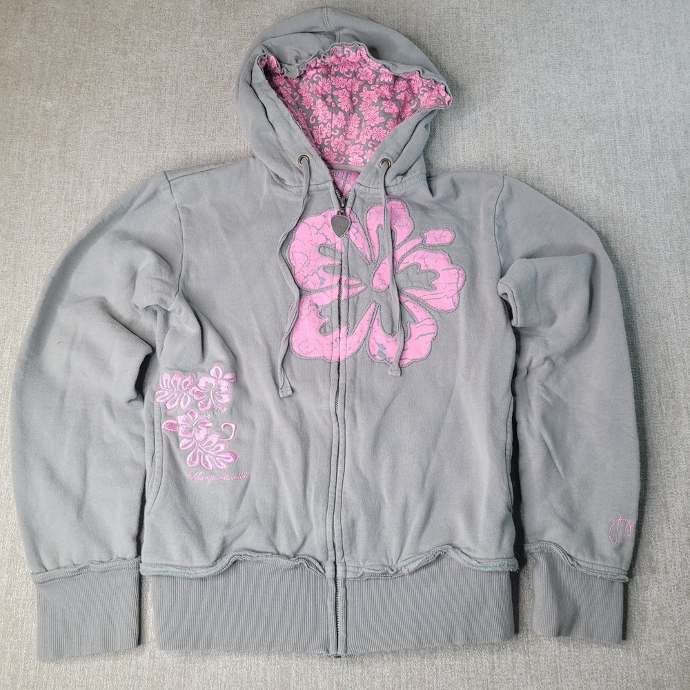 Margaritaville Hoodie Women M Gray Pink Hibiscus Floral Full Zip Sweatshirt